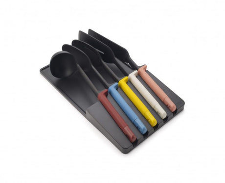 Joseph Joseph Elevate Store Utensil Set with ergonomic handles, heat-resistant heads, and organized in-drawer storage tray.