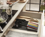 Joseph Joseph Elevate Store Utensil Set featuring weighted handles, heat-resistant heads, and organized in-drawer storage.