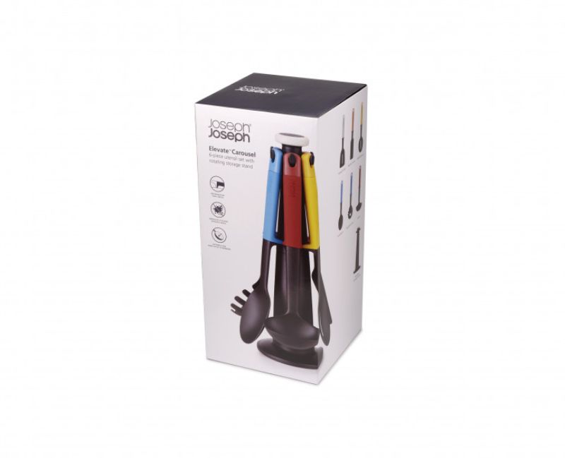 Joseph Joseph Elevate Carousel 6-Piece set with weighted handles, heat-resistant utensils, and a rotating storage stand.