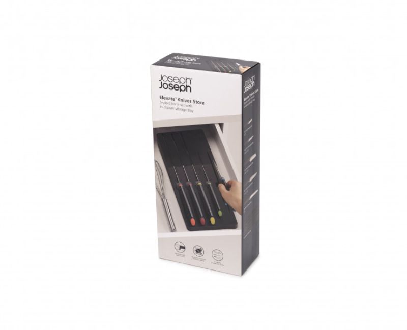 Joseph Joseph Elevate Knives 5-Piece set with ergonomic handles, magnetic knife block, and hygienic design for effortless food prep.