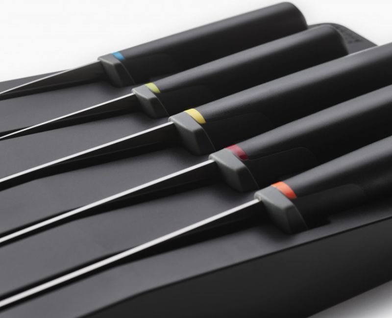 Joseph Joseph Elevate Knives 5-Piece set with ergonomic handles, hygienic design, and a rotating stainless-steel block.