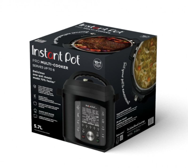 Instant Pot Pro Multi-Cooker 5.7L with 28 cooking programs, stainless steel inner pot, and quiet steam release for effortless meals.