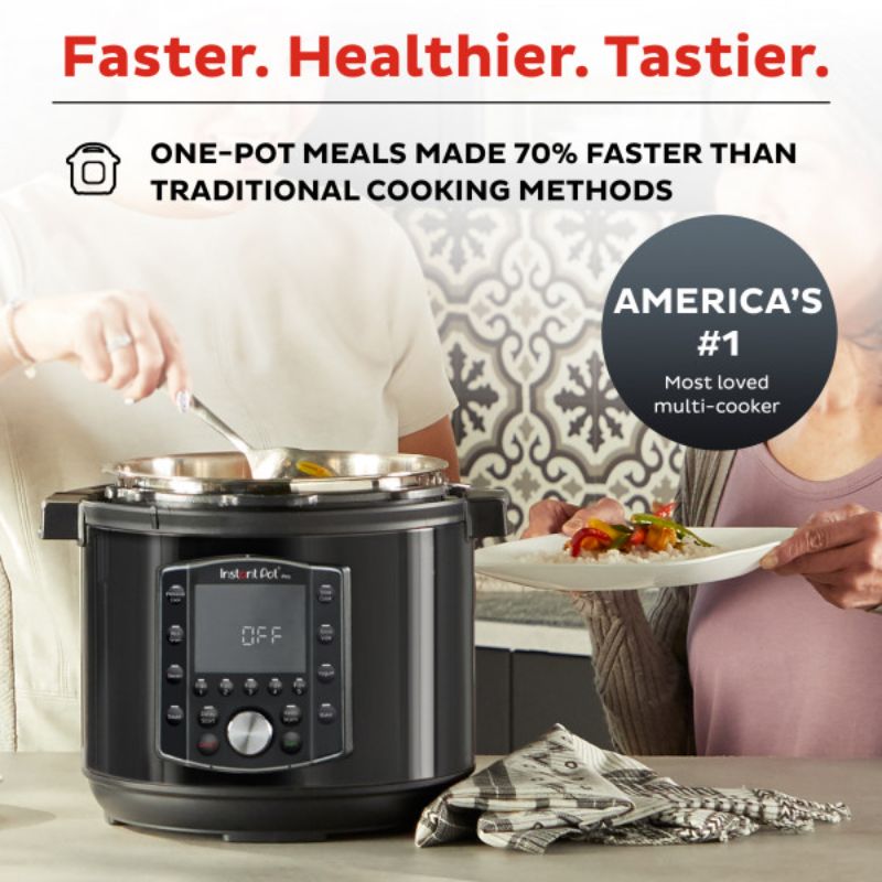 Alt text: Instant Pot Pro Multi-Cooker 5.7L showcasing 28 one-touch programs and stainless steel pot with Easy-Grip handles.