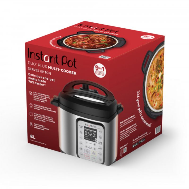 Instant Pot Duo Plus 8L: versatile multi cooker with 13 cooking programs, EasySeal lid, and stainless steel anti-spin pot.