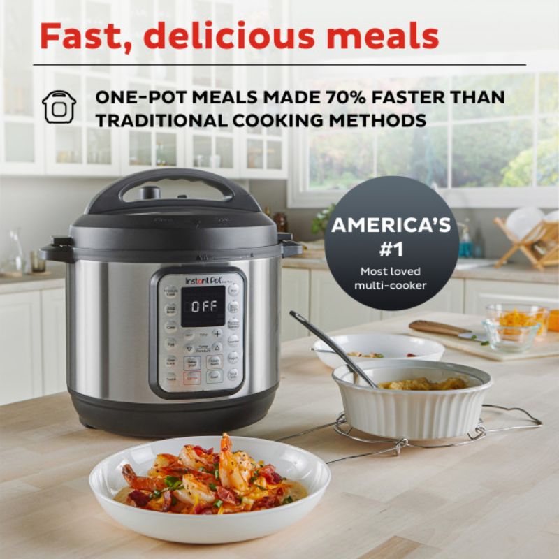 Instant Pot Duo Plus Multi Cooker 8L, featuring 13 cooking programs, EasySeal lid, and stainless steel pot for efficient meal prep.