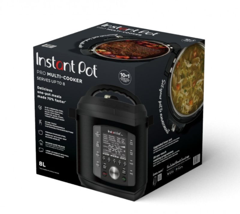 Instant Pot Pro Multi-Cooker 8L with 28 cooking programs, stainless steel inner pot, and 20% faster pre-heating for large meals.