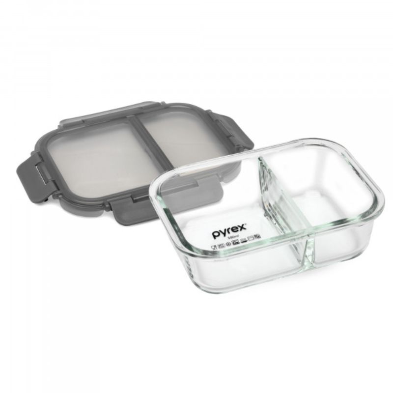 A divided, 580ml glass meal prep container with airtight seal, perfect for organized, healthy meal storage and transport.