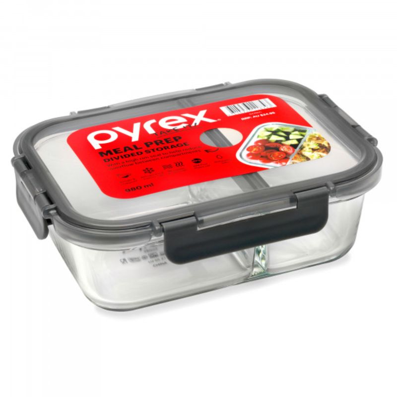 Alt text: Premium 980ml Pyrex meal prep storage container with divided borosilicate glass, leak-proof lid, and airtight seal.