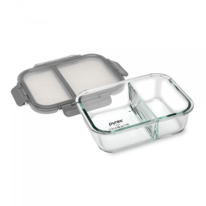 Pyrex 980ml glass meal prep storage container with divided compartments and leak-proof lid for organized, fresh meals.