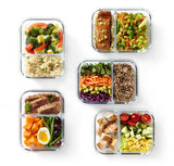 Divided Pyrex glass meal prep container (980ml) with leak-proof lid, designed for efficient and stylish meal organization.