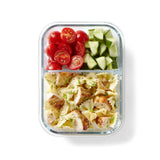 Pyrex 1380ml meal prep container with divided compartments, durable borosilicate glass, and leak-proof latching lid.