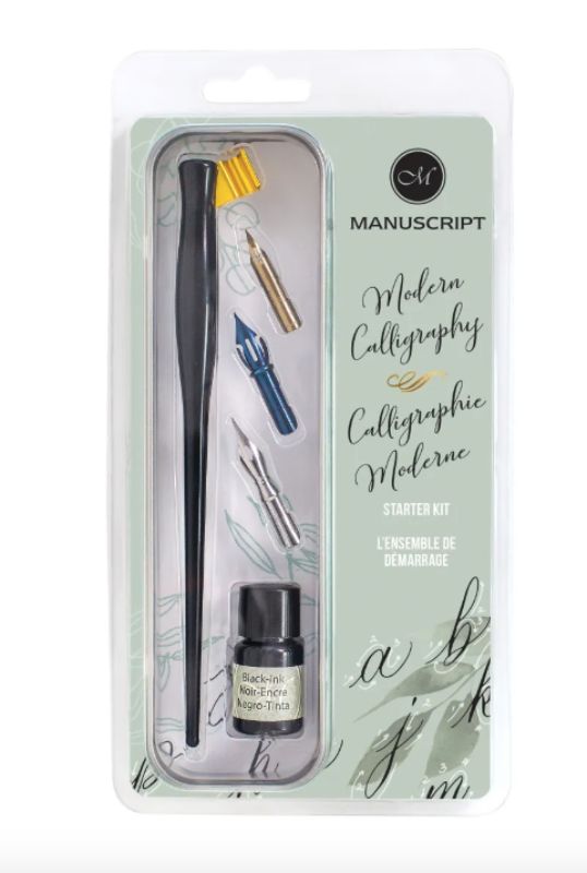 Premium oblique black dip pen holder set with assorted nibs, black ink, and worksheet for elegant modern calligraphy practice.