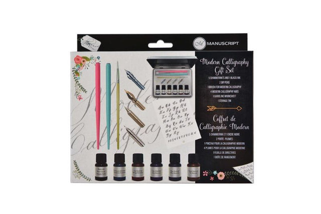 Calligraphy gift set with 2 dip pens, brush, nibs, shimmering inks, and instructions for beautiful writing.