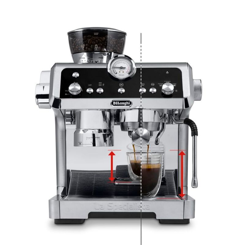 Manual coffee machine in metal finishes with advanced grinding, tamping, and milk steaming features for café-quality beverages at home.