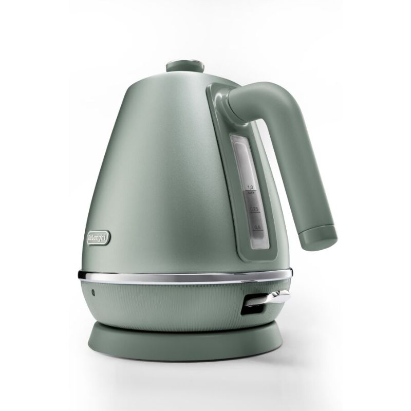 De'Longhi Distinta Perla Kettle in iridescent green, 1.7L capacity, stainless steel, 360° swivel base, and removable limescale filter.