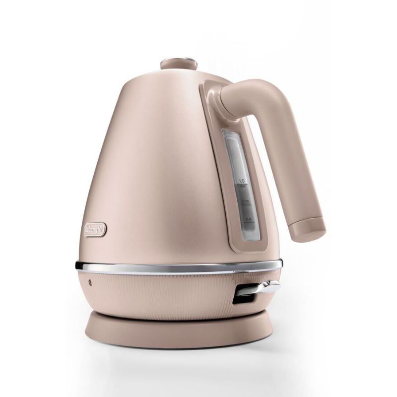 Pearlescent pink De'Longhi Distinta Perla kettle with 1.7L capacity, 2000W power, and 360° swivel base for stylish tea brewing.