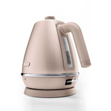 Pearlescent pink De'Longhi Distinta Perla kettle with 1.7L capacity, 2000W power, and 360° swivel base for stylish tea brewing.