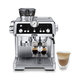 Manual coffee machine in metal finish with advanced grinding, smart tamping, and milk steaming for café-quality beverages at home.