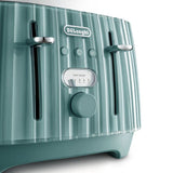 De'Longhi Ballerina Laguna Green 4 Slice Toaster, stylish design, variable browning control, removable crumb tray, perfect for families.