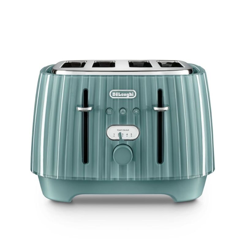 Elegant green 4-slice toaster with Venetian glasswork design, variable browning control, and removable crumb tray for easy cleaning.