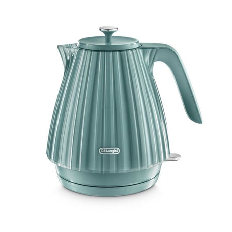 Elegant De'Longhi Ballerina Laguna kettle in green, featuring Venetian glass-inspired design, 1.7L capacity, and detachable base.