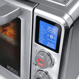 De'Longhi MultiOven Air Benchtop Oven with 24L capacity, 8 cooking functions, and user-friendly digital controls in sleek metal design.