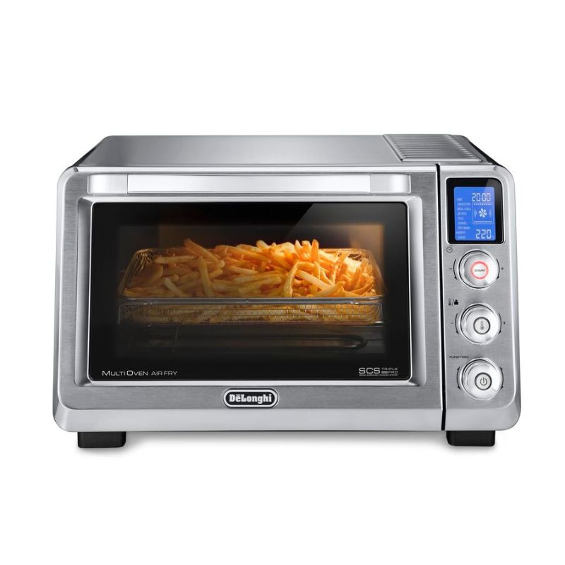 De'Longhi MultiOven Air Benchtop Oven with 8 cooking functions, 24L capacity, and sleek design for versatile meal prep.