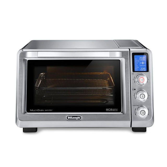 De'Longhi MultiOven Air Benchtop Oven with 24L capacity, 8 cooking functions, digital controls, and sleek metal design.