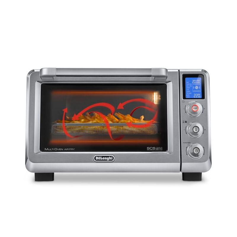 De'Longhi MultiOven Air Benchtop Oven with 24L capacity, 8 functions, adjustable thermostat, and non-stick inner walls.