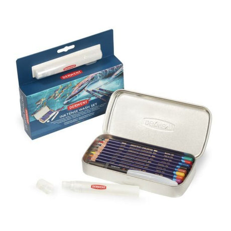 Derwent Inktense Wash Set featuring 8 vibrant pencils, spritzer, and waterbrush in a sleek tin for versatile art creation.