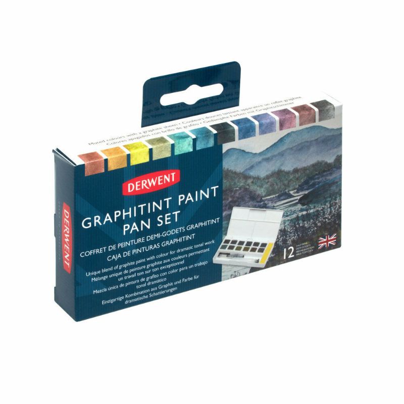 Derwent Graphitint Paint 12 Pan Set featuring vibrant, lightfast colors with travel-friendly accessories for versatile artistry.