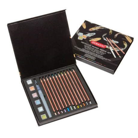 Derwent Metallic Mixed Media Set featuring 6 shimmering paint pans, 12 vibrant pencils, and a waterbrush in a gift box.