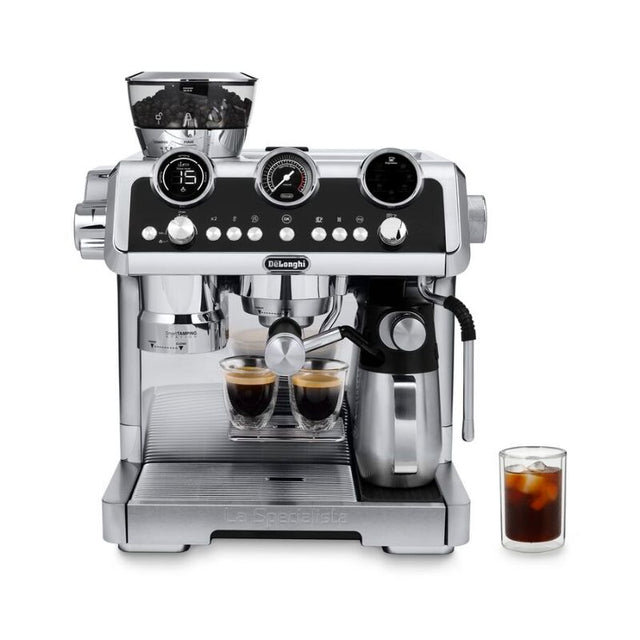 De'Longhi La Specialista Maestro Manual Coffee Machine, stainless steel, features Cold Brew, 19-bar pressure, and LatteCrema System.