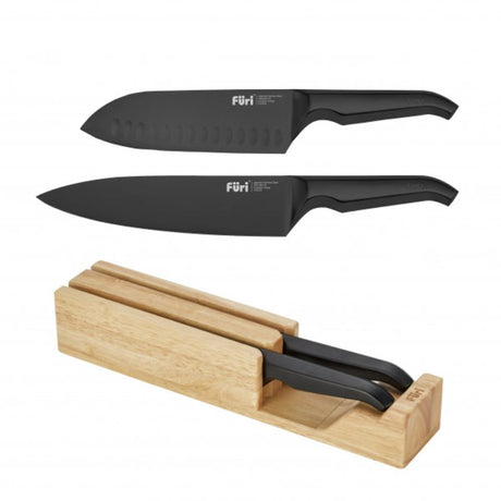 Furi Jet Black Knife Set, 3 premium knives with razor-sharp edges and elegant in-drawer block for safe storage.