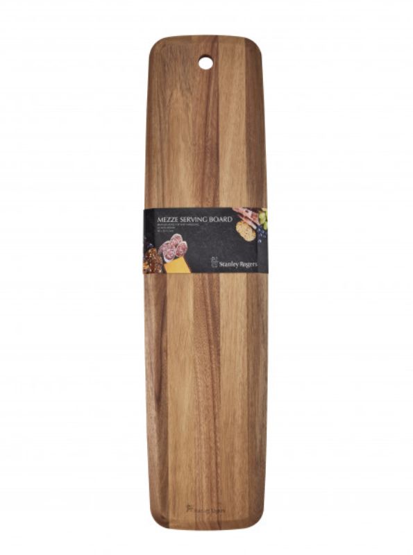 Sustainable acacia wood serving board, 80x20cm, ideal for dips and charcuterie with a bevelled edge for easy handling.