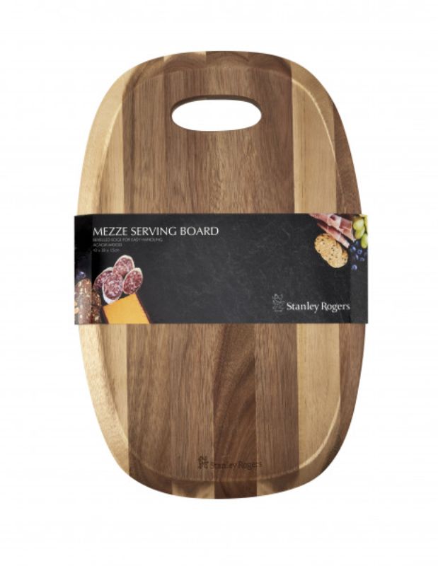 Elegant acacia wood mezze serving board, 43x28cm, perfect for appetizers and charcuterie with a bevelled edge for easy handling.