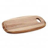 Stylish 43x28cm acacia wood serving board with bevelled edges, perfect for appetizers and charcuterie presentations.