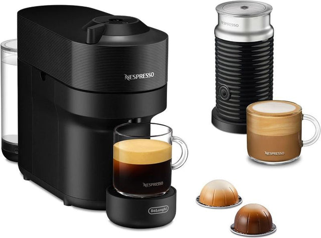 Sleek De'Longhi Vertuo POP Black coffee machine preparing four cup sizes with smart tech for a modern coffee experience.