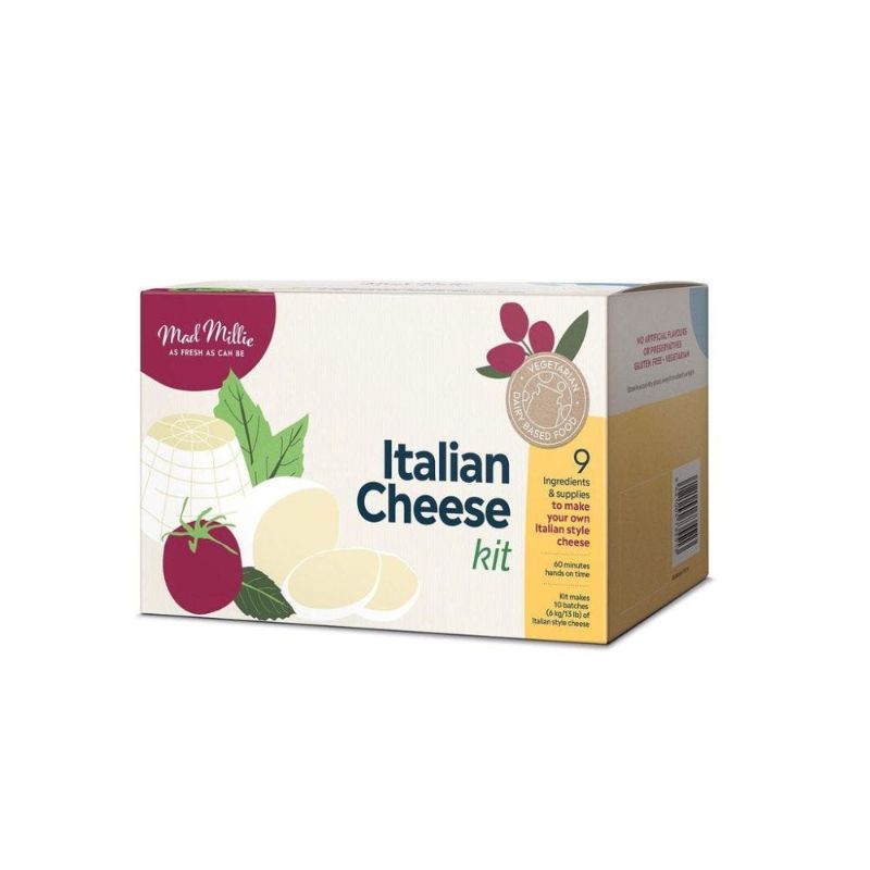 Mad Millie Italian Cheeses Kit with tools and ingredients for making mozzarella, ricotta, and mascarpone at home.