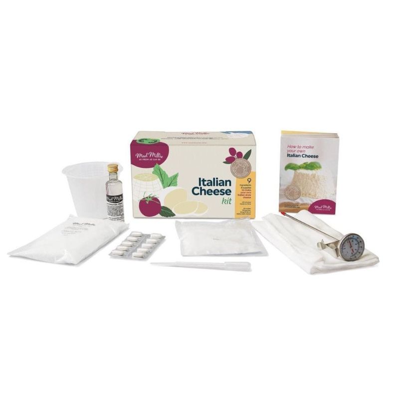 Mad Millie Italian Cheeses Kit, featuring tools and ingredients to create mozzarella, ricotta, and mascarpone at home.