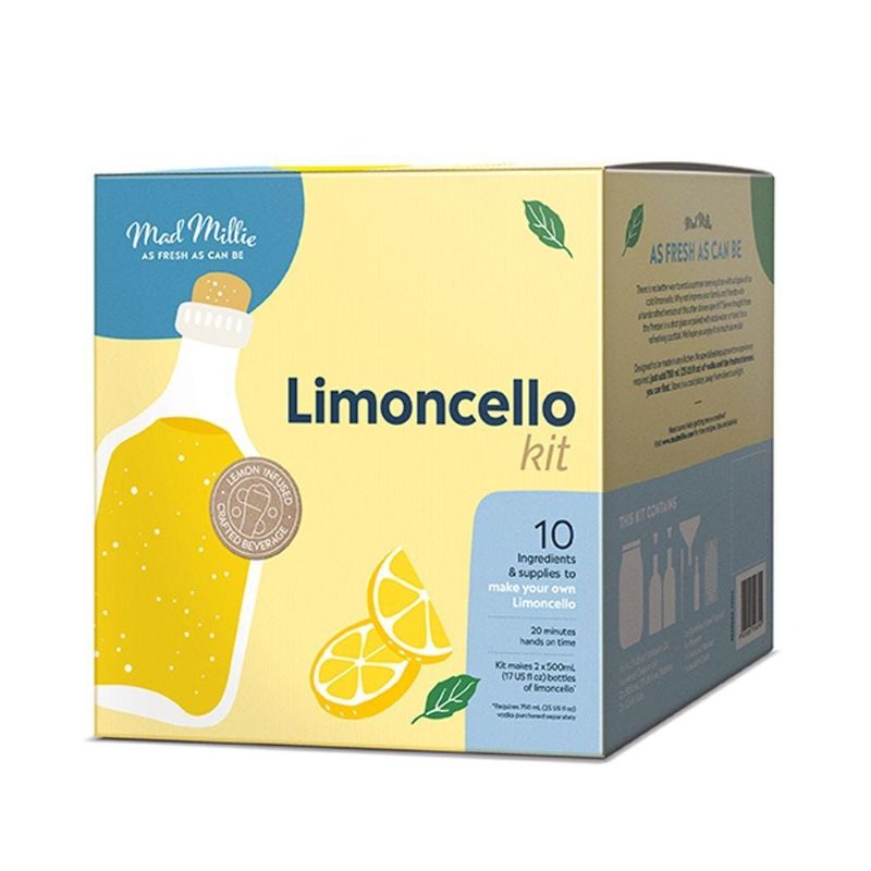 Mad Millie Limoncello Kit for easily crafting homemade Italian limoncello with vodka and fresh lemons.