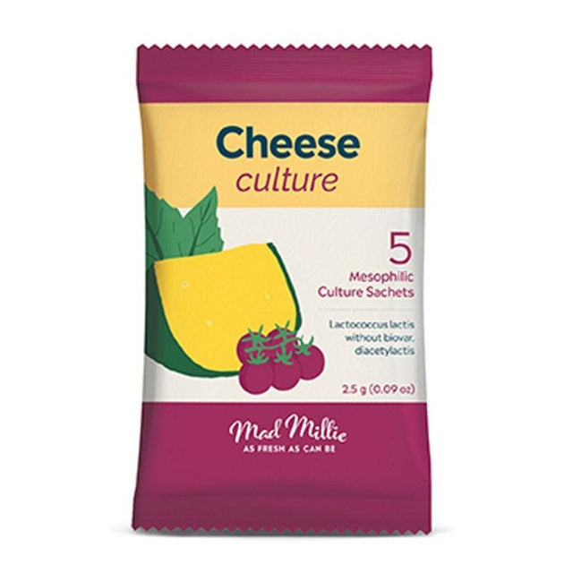 Mad Millie Cheese Culture pack with 5 sachets for crafting soft and hard cheeses at home from 4 liters of milk each.