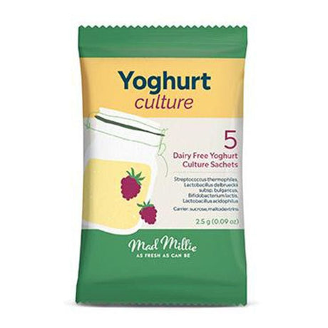 Freeze-dried Mad Millie Yoghurt Culture for homemade dairy-free yoghurt, includes 5 sachets for 1-2L each, gluten-free.