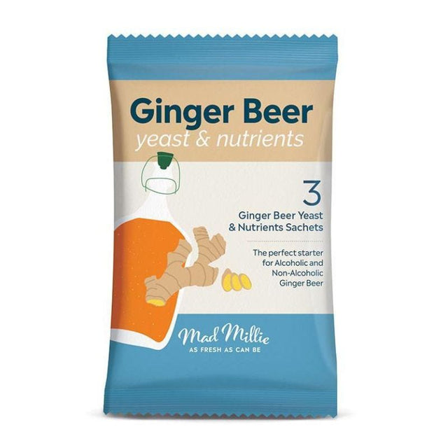 Three-pack of Mad Millie Ginger Beer Yeast for crafting homemade ginger beer with zesty flavor, gluten-free and dairy-free.