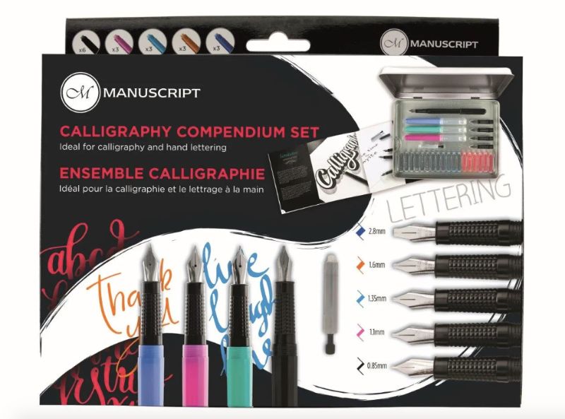 Manuscript Calligraphy Compendium Set featuring pens, nibs, ink cartridges, manual, and a storage tin for beginners.