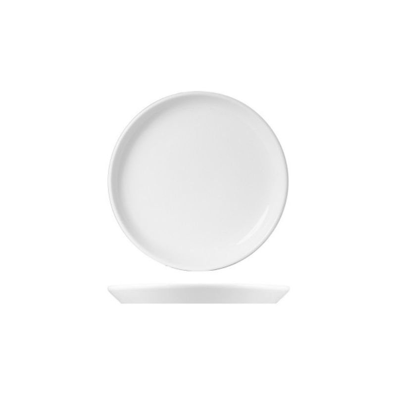 Set of 6 Royal Porcelain 27cm white flared coupe plates, showcasing sleek design and exceptional durability for elegant dining.