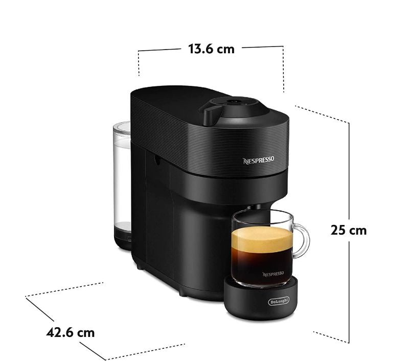 Sleek De'Longhi Vertuo POP Black coffee machine, brews four sizes, features Bluetooth/Wi-Fi, and easy one-button operation.