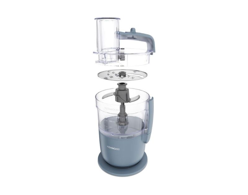 Compact Storm Blue food processor with stainless steel blade, 1.3L bowl, and versatile slicing/grating disc for efficient prep.