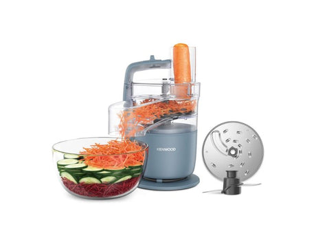 Kenwood Multipro Go Storm Compact Food Processor in Storm Blue, featuring a 1.3L bowl, stainless steel blade, and versatile attachments.