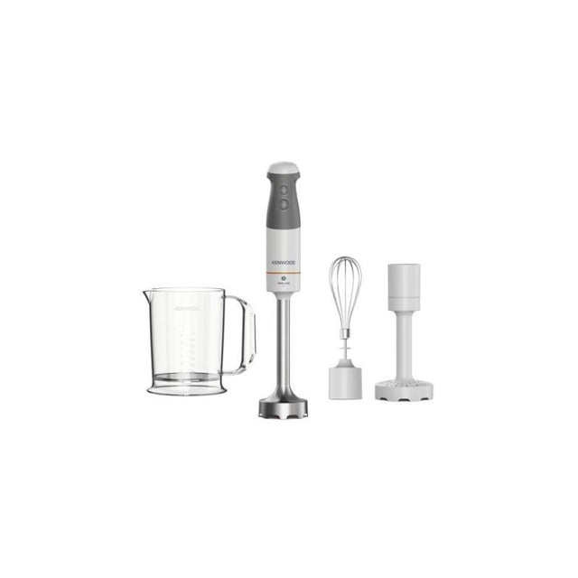 Kenwood Triblade XL Stick Blender in white with accessories, featuring 850W power and innovative Triblade technology for versatile blending.